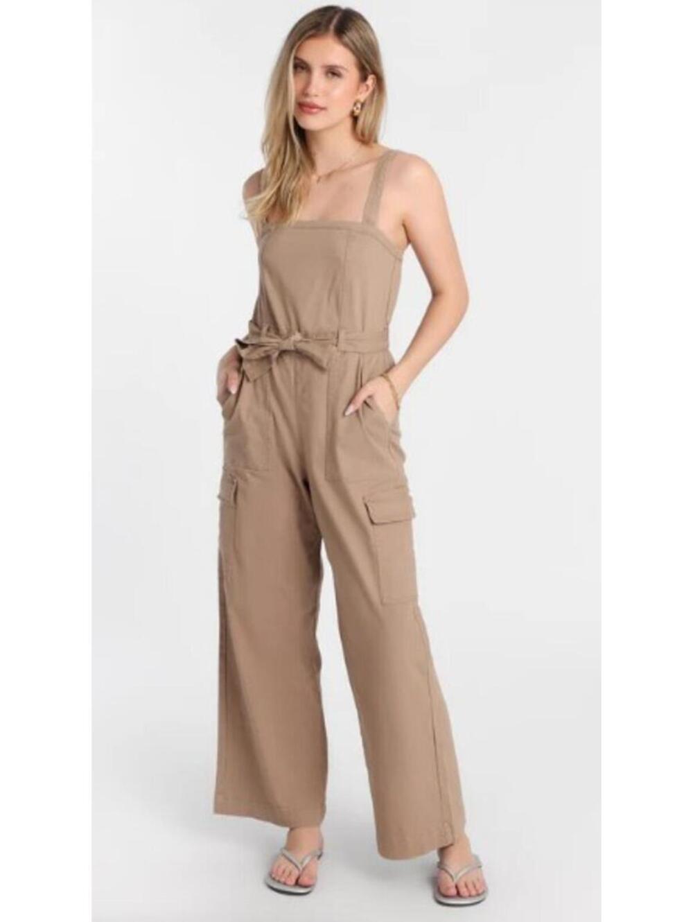 Bluenotes Twill Belted Jumpsuit - Tan, Size Small